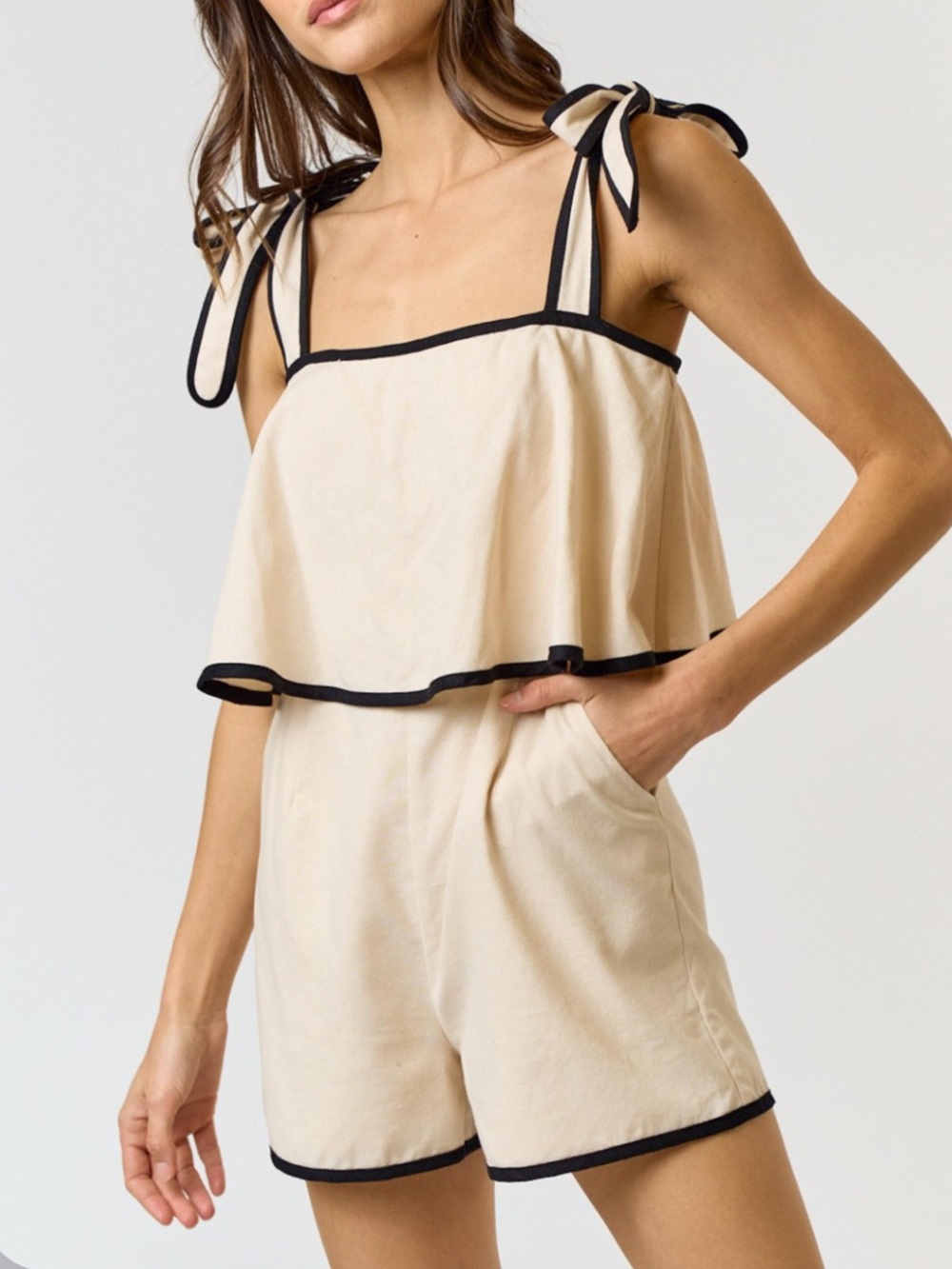Women’s Cream Tie-Shoulder Linen Romper with Black Trim